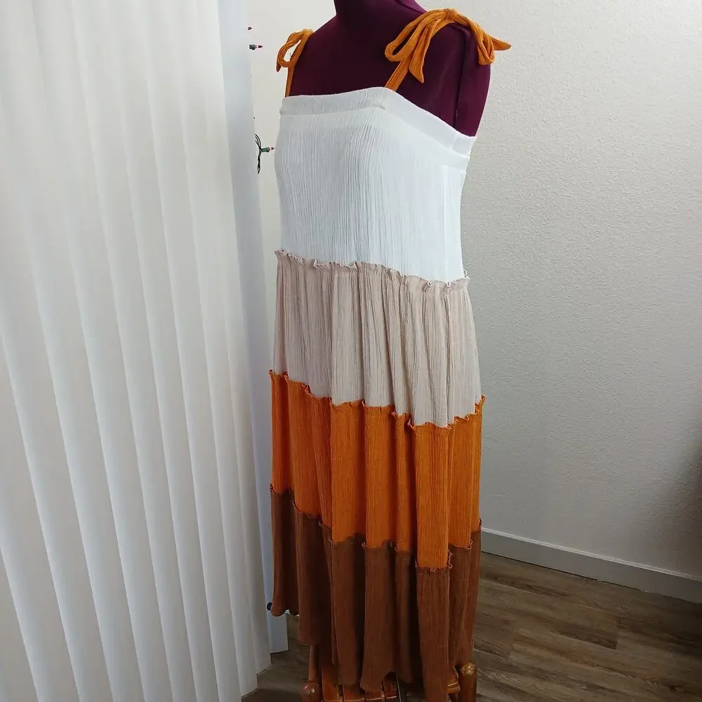Blu Pepper Tiered Maxi Sundress S white tan orange brown colorblock lined - Picture 1 of 12